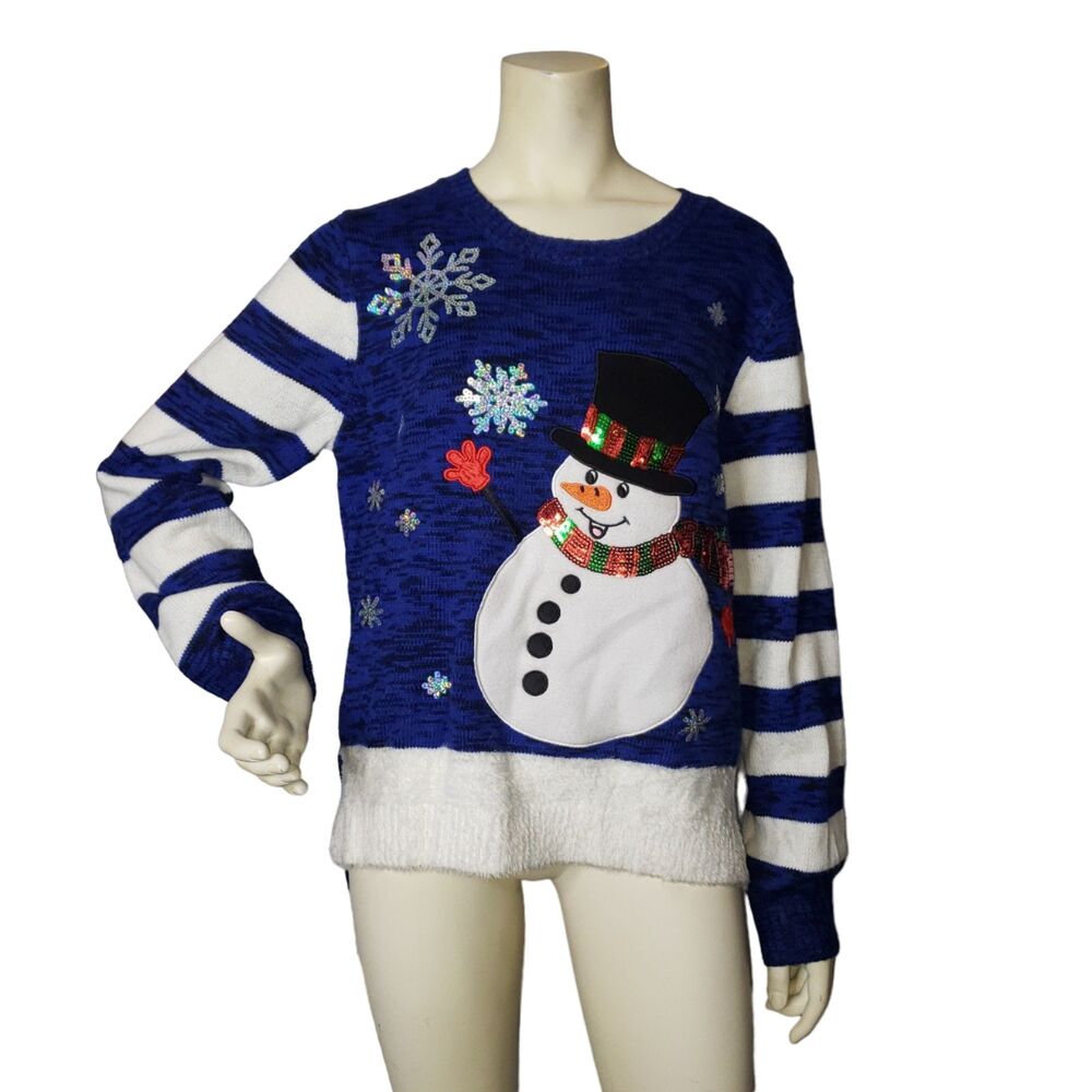 Blue and White Winter Holiday Sequin Snowman Sweater Hi Low Hem Size Large